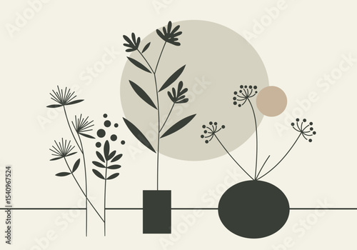 Abstract floral composition with geometric shapes and muted colors  