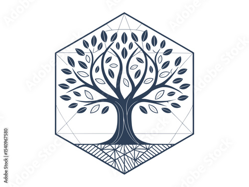 Abstract hexagonal tree design with intricate leaf details  