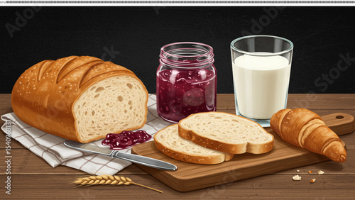 Rustic Breakfast Still Life: A loaf of bread, sliced bread, a jar of jam, a glass of milk, and a croissant arranged on a wooden board, creating a wholesome and inviting breakfast scene.