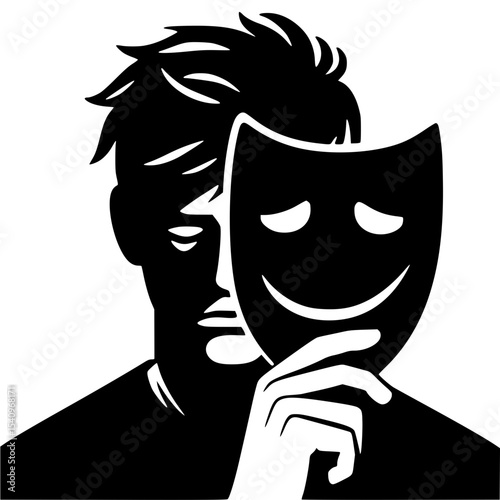 Minimalist Silhouette of Sad Man Wearing Happy Mask – Black SVG Clipart Icon