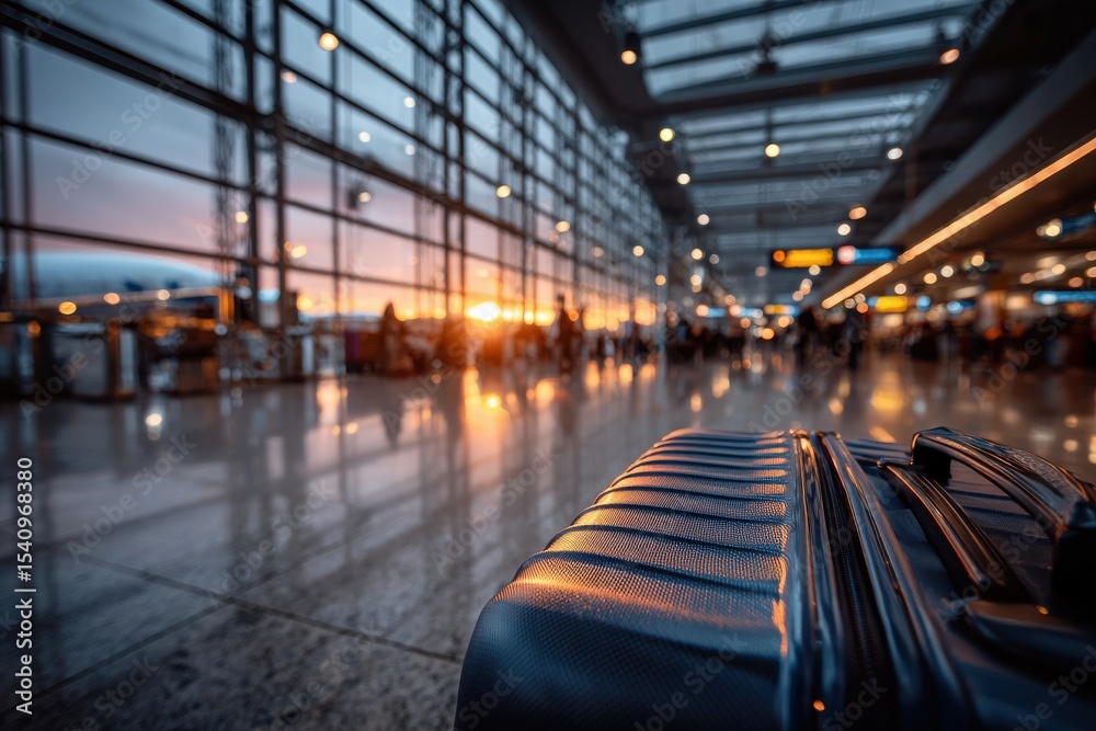 Fototapeta premium Airport Departure: Luggage, Reflections, and Golden Hour