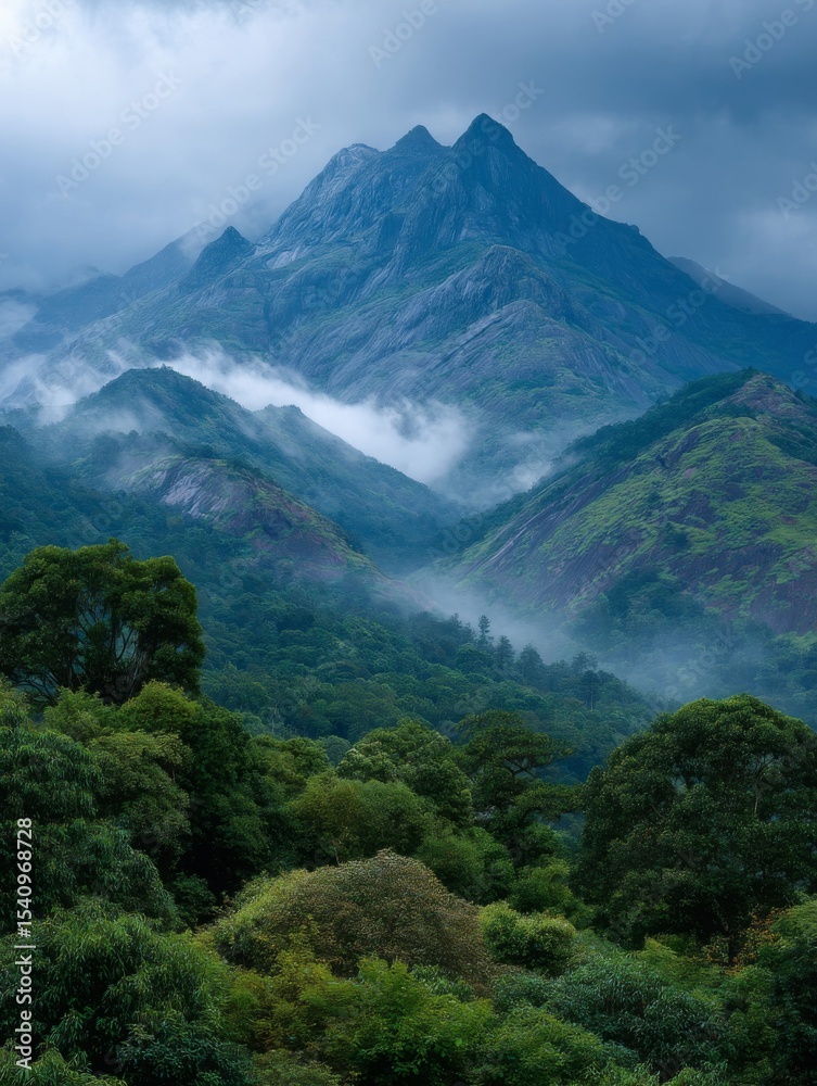 Fototapeta premium Misty Mountain Landscape with Lush Green Hills