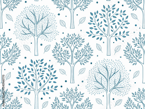 Blue tree pattern design with leaves on white background  