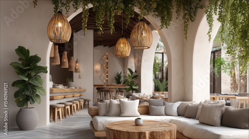 Boho-chic cafÃ© with hanging plants and cozy textures.