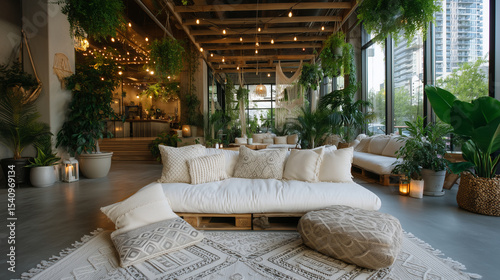 Boho-chic cafÃ© with hanging plants and cozy textures.