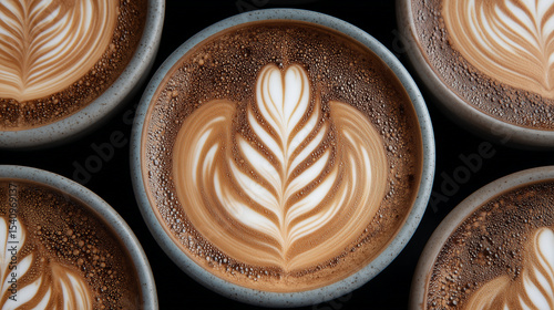 Overhead shot of latte art practice with multiple cups.