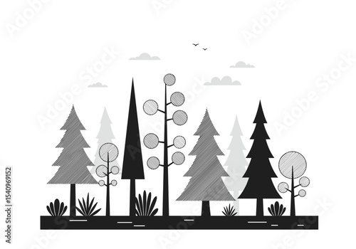 Black and white forest landscape with various tree silhouettes  