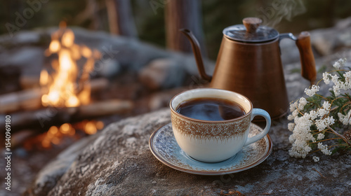 Coffee served in nature a campfire scene with brewing tools.