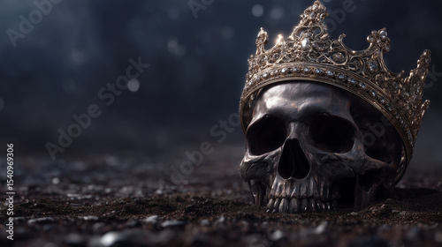 Haunting skull with aged crown resting in ashes on dark moody background.