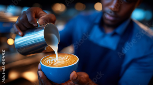 Close-up of a baristaâs hands preparing a cappuccino with a professional coffee machine, latte art in progress.