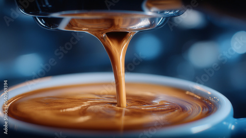 Slow-motion capture of espresso pouring into a cup from a dual-group coffee machine, rich crema forming.