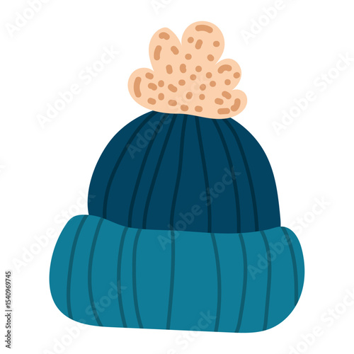 Blue ribbed beanie top knot. Vector