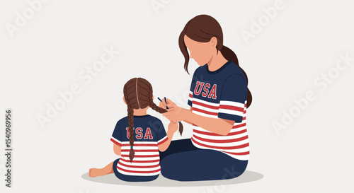 USA Independence Day A Mother Braids Her Daughter's Hair, Celebrating State & Federal Pride