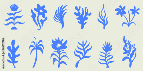 hand drawn linocut flowers and plants naive wavy groovy floral botanic cut out art poster placard abstract scribble doodle vector illustration