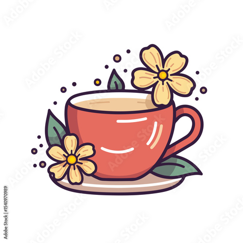Elegant Tea in Ceramic Cup with Flower Fill Style Icon Vector Illustration