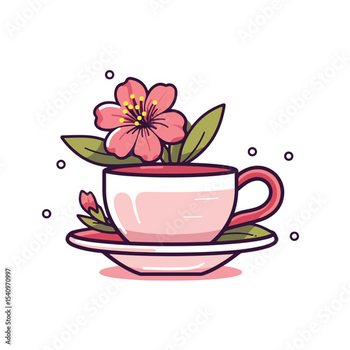 Elegant Tea in Ceramic Cup with Flower Fill Style Icon Vector Illustration