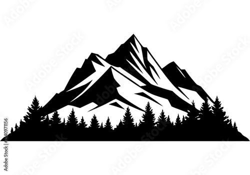 Alpine forest panorama vector pine trees against peaks for ski resort logos wilderness campaigns and adventure tourism