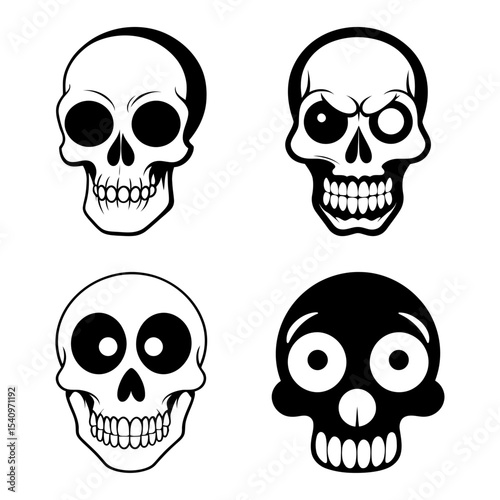 Humorous skull set comical expressions quirky bone designs for light-hearted horror themes party decor and joke merch