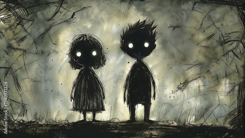 Two shadowy figures with glowing eyes stand in a dark and mysterious environment