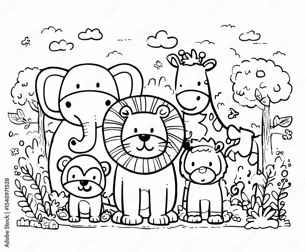 Naklejka premium Cute Jungle Animals Coloring Pages for Kids – Safari Wildlife Theme