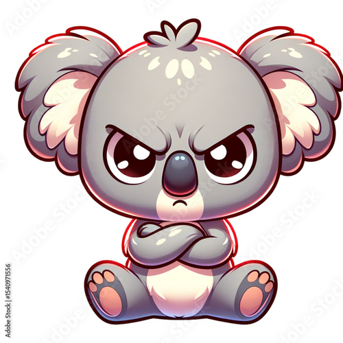 Angry Koala: A cute, stylized koala bear with an angry expression, sits cross-armed with a determined look in its eyes, conveying a sense of animated frustration and determination.