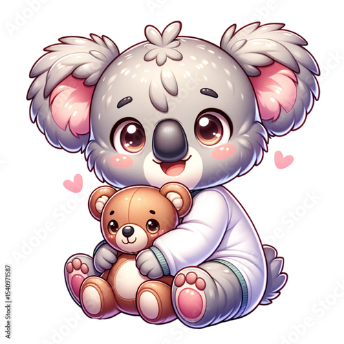 Koala with Teddy Bear: An adorable koala cuddles a soft teddy bear, exuding warmth and charm, perfect for conveying comfort and companionship.
