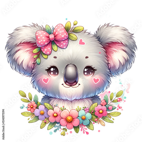 Koala's Gentle Embrace: a whimsical illustration of a koala, adorned with floral accents, radiates an air of tenderness and invites viewers into a realm of endearing charm.