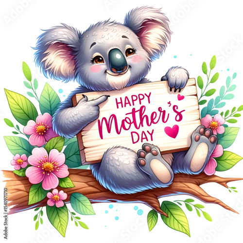 Koala Bear Mother's Day Wishes: A cuddly koala bears a wooden sign. Happy Mother's Day with a warm smile and surrounded by flowers. A heartfelt greeting of love and appreciation.
