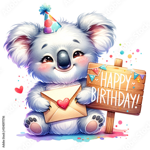 Koala's Birthday Celebration: A charming koala bear, adorned with a festive party hat, clutches a heartfelt envelope and stands beside a 'Happy Birthday' sign, radiating joy and celebration.