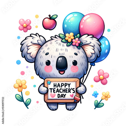 Teacher's Day Koala: A charming cartoon koala proudly holds a sign for "Happy Teacher's Day" alongside vibrant balloons and floral accents, Celebrating a special day for teachers.