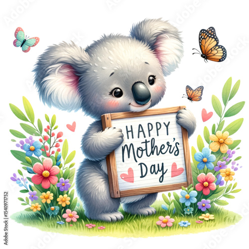 Adorable Koala with Mother's Day Sign: A cute cartoon koala bear holds a sign reading "Happy Mother's Day," surrounded by colorful flowers and butterflies.