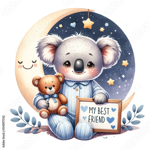 Dreamy Koala's Best Friend: A charming illustration of a koala dressed in pajamas, embracing a teddy bear, and nestled on a crescent moon, exuding warmth and friendship. 