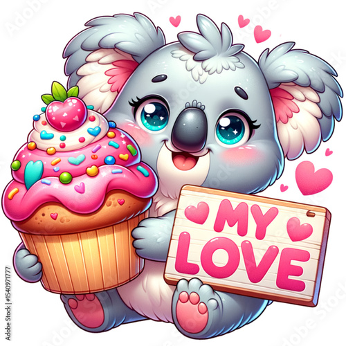 Cute Koala with Cupcake and "My Love" Sign: An adorable cartoon koala bear holds a delicious cupcake and a sign that says "My Love," perfect for Valentine's Day or romantic occasions.