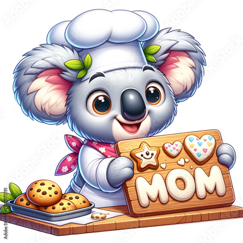 Koala Chef with Mother's Day Cookies: An adorable koala bear, dressed as a chef, proudly displays a wooden sign reading "MOM" and freshly baked cookies.