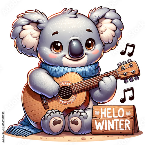 Koala playing the Guitar: An endearing Koala, wrapped in a cozy scarf, strums a miniature guitar. It's playing a melody. It makes you feel warmth with a "Hello Winter" greeting.