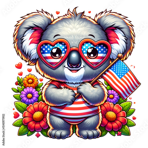 Patriotic Koala with US Flag: Cute koala character proudly displays patriotism with heart-shaped glasses showing the US flag, set among vibrant flowers and a flag