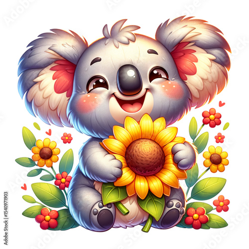 Happy Koala with Sunflower: An adorable koala bear sits amidst vibrant sunflowers, radiating joy and warmth. This charming illustration captures the essence of cuteness and happiness. 