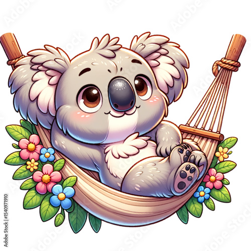 Koala Relaxation: An adorable koala bear reclines in a cozy hammock amidst colorful flowers. A scene of peaceful serenity and relaxation. 