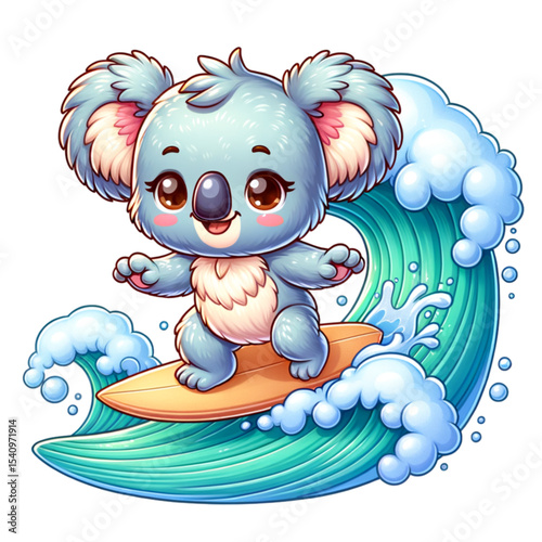 Koala Surfing Adventure: A charming koala with large eyes and a surfboard rides a cresting wave, embodying the spirit of fun and adventure. capturing the playful vibes of a sunny day at the beach.