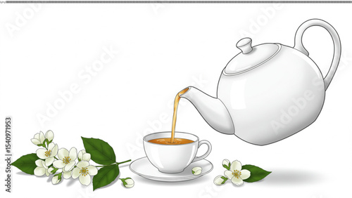 Pouring Jasmine Tea Illustration of a White Teapot and Cup