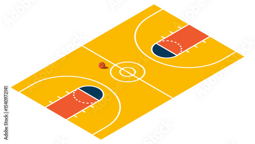 Minimalistic top view illustration of a basketball court with a single ball placed at the center on a vibrant yellow background