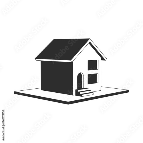 Minimal isometric black and white house icon with simple architecture, representing home concept and real estate