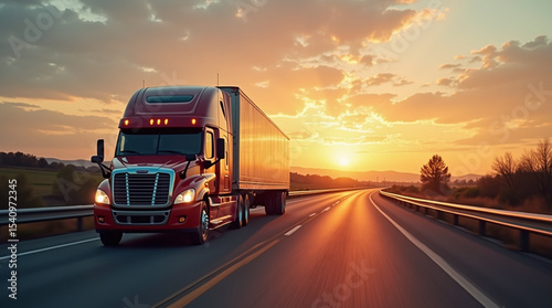 Semi Truck Driving on Highway at Sunset professional ad photo