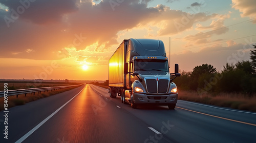Semi Truck Driving on Highway at Sunset professional ad photo