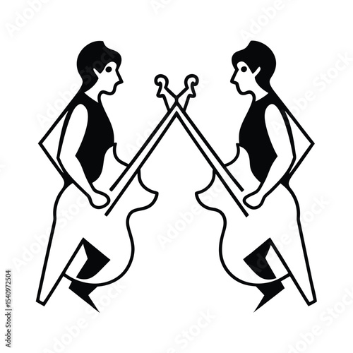 Mirrored bass duo illustration two basses facing each other in symmetrical motion detailed vector design