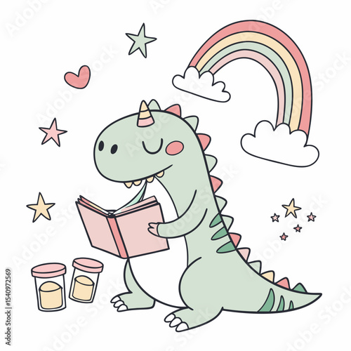Charming SVG of a Gentle Trex dinosaur featuring reading a book, styled in a Rainbow theme with Pastel Rainbow hues