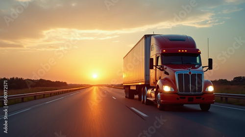 Semi Truck Driving on Highway at Sunset professional ad photo