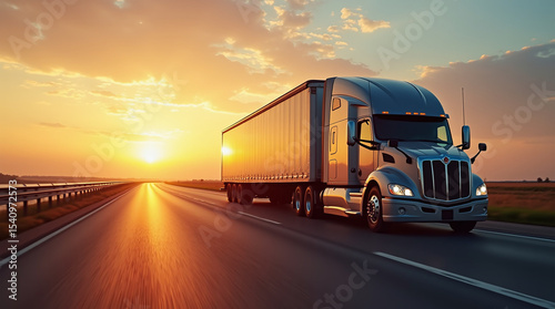 Semi Truck Driving on Highway at Sunset professional ad photo
