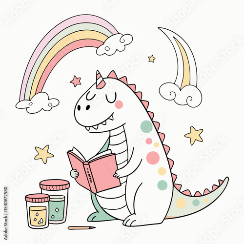 Charming SVG of a Gentle Trex dinosaur featuring reading a book, styled in a Rainbow theme with Pastel Rainbow hues