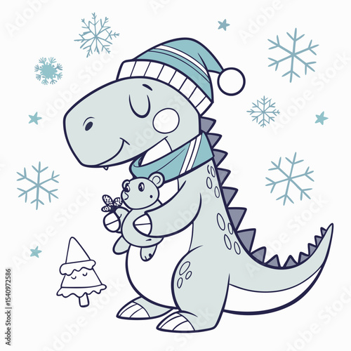 Frosty Winter colored Trex dinosaur with a Relaxed touch, placed in a Cozy winter theme and styled with with a stuffed animal